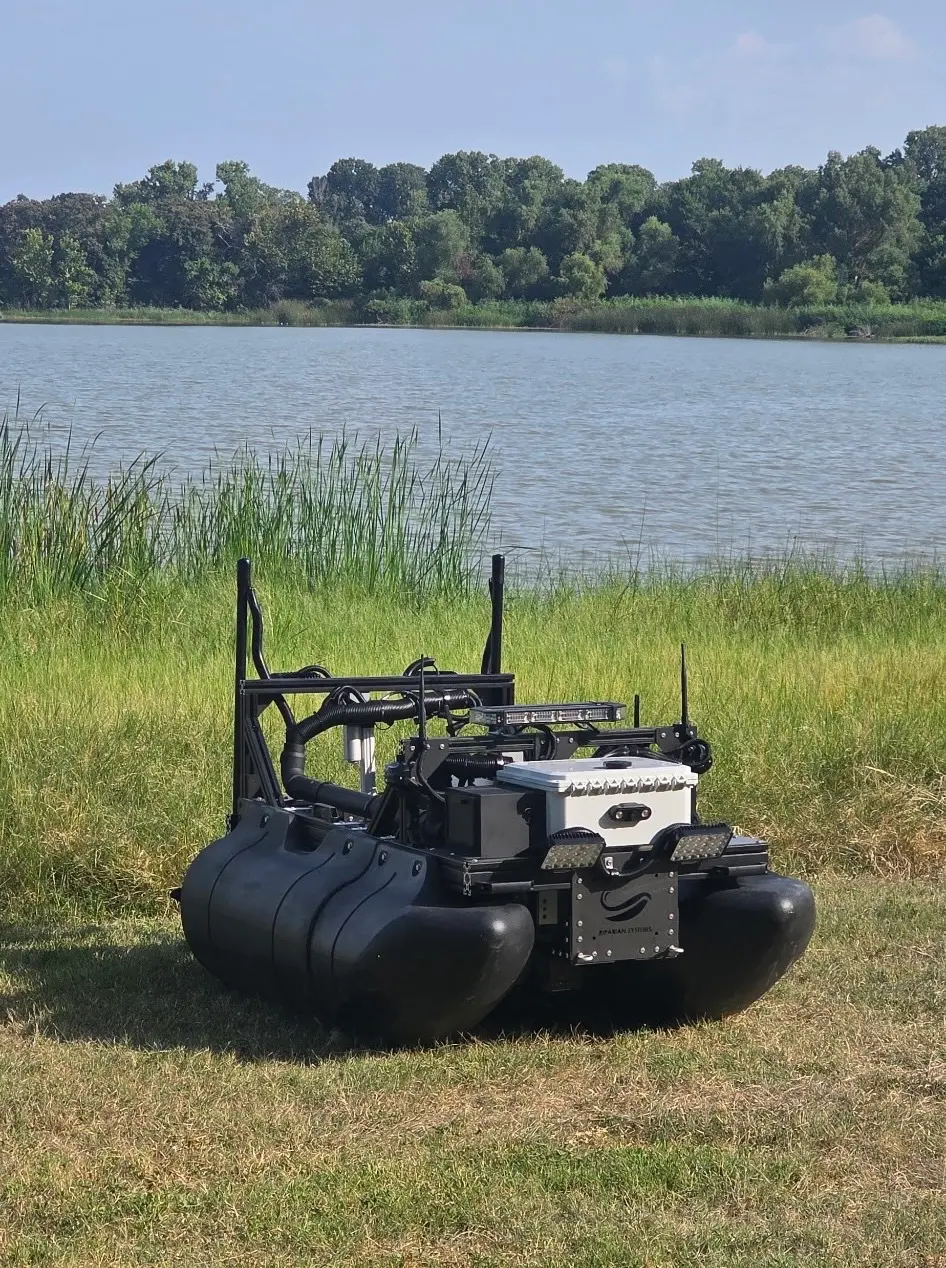 Argus 1.0 hydrographic survey vessel on a California shoreline