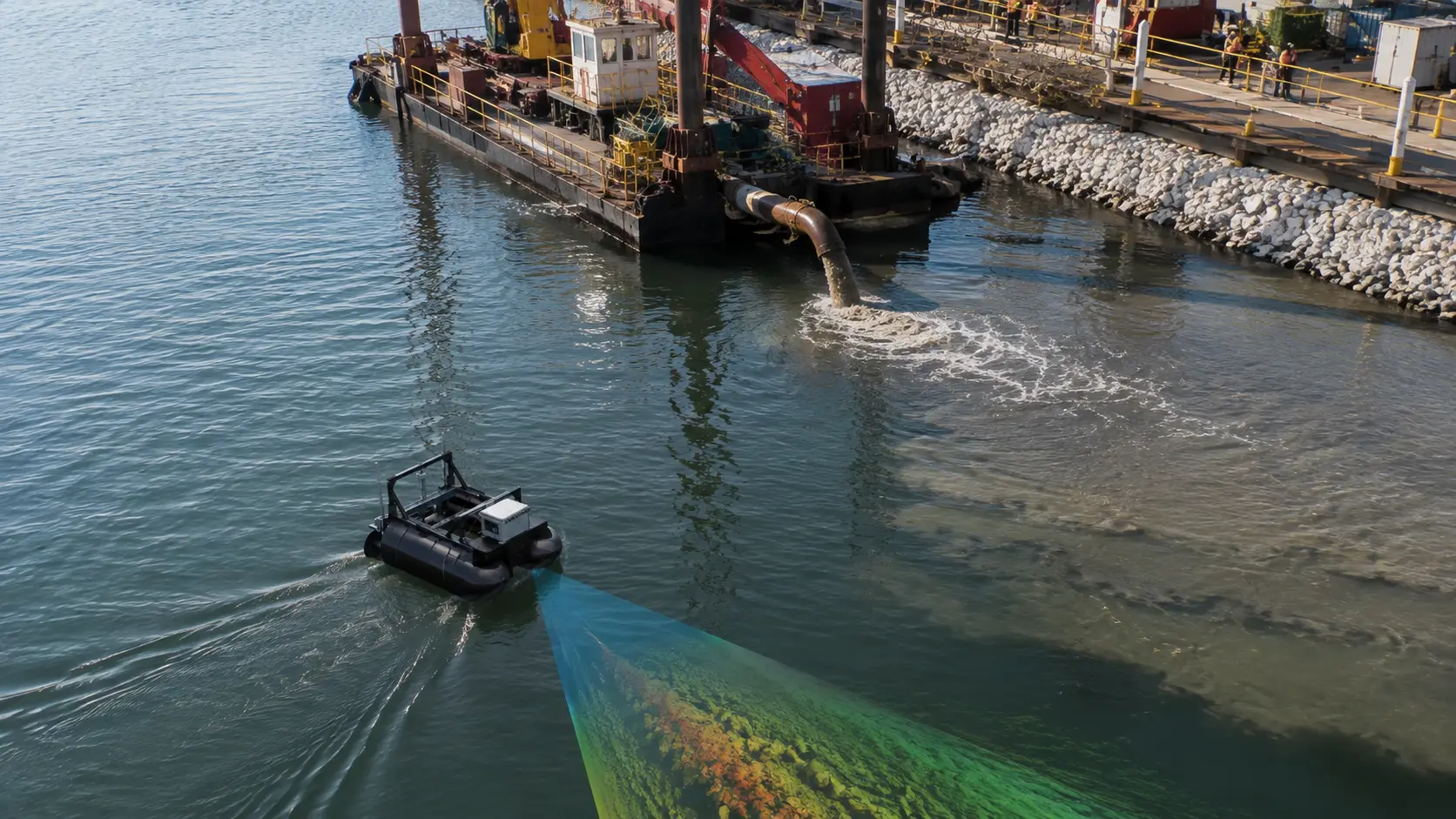 Pre-dredge survey crew supervising an Argus 1.0 deployment from shore