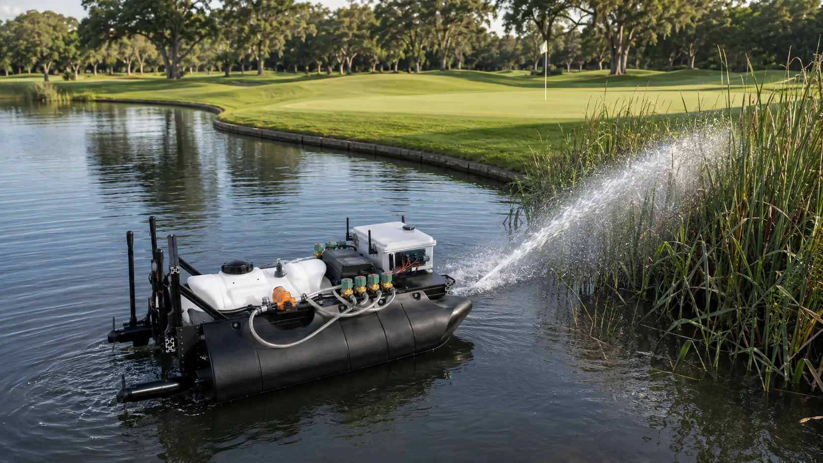 Caliber 3.0 performing aquatic weed management on a golf-course water hazard