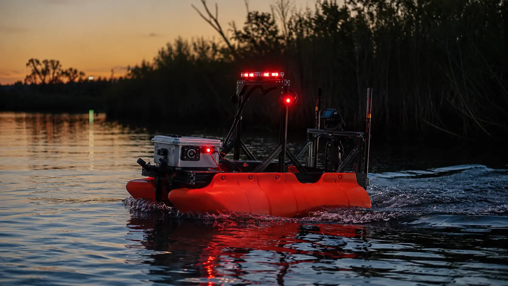 Guardian 1.0 at dusk with search lights